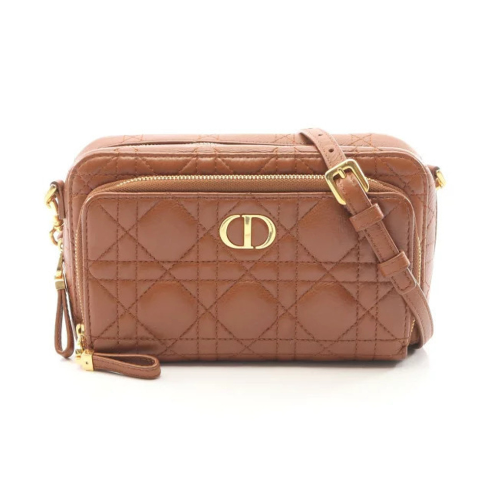 Christian Dior Caro Double Pouch Clutch Cannage Shoulder Bag Leather Brown
